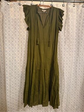 Elan Olive Green Tassel-Tie Ruffle Sleeve Maxi Dress